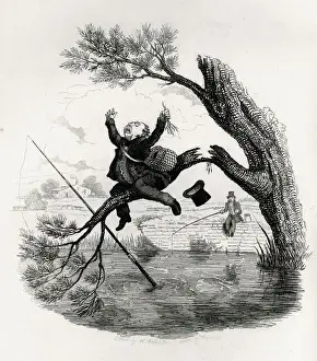 Crowquill Prints: Illustration, Fisherman about to fall into the water
