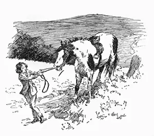Pony Prints: Illustration, girl pulling at Jokers reins