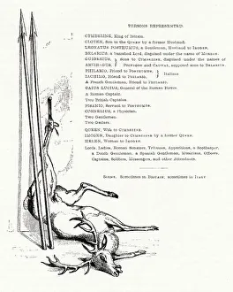 Illustration by Kenny Meadows to Cymbeline, by William Shakespeare. Cast list, with dead deer and two spears. Date: 1840