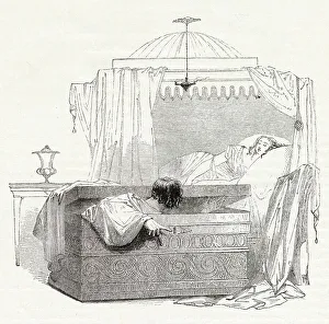 Illustration by Kenny Meadows to Cymbeline, by William Shakespeare. The Italian visitor, Iachimo, hides in a trunk in Imogen's bedroom overnight so that he can note details of her body and the room