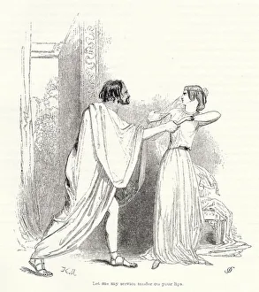 Illustration by Kenny Meadows to Cymbeline, by William Shakespeare. The Italian visitor, Iachimo, attempt to seduce Imogen by hinting that her husband Posthumus is unfaithful to her, but she resists him. Date: 1840