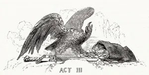 Illustration by Kenny Meadows to Cymbeline, by William Shakespeare. Introductory illustration to Act III, showing an eagle (symbolising the Roman Emperor) with a bag of coins (symbolising tribute money demanded by Rome from the British king)