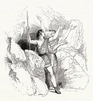 Illustration by Kenny Meadows to Cymbeline, by William Shakespeare. Belarius, Guiderius and Arviragus outside their cave in the wilds of Wales. Date: 1840
