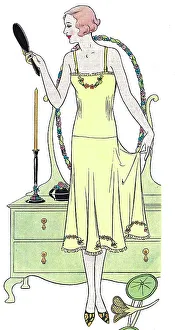 New Images July 2023 Collection: Illustration of a lady in her bedroom admiring her embroidered petticoat in crepe-de-chine Date