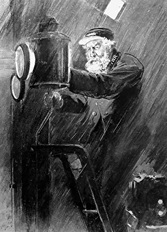 Keeper Prints: Illustration of lighthouse keeper lighting the lamp