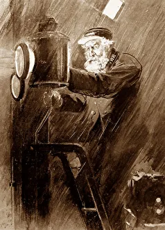 Illustration of lighthouse keeper lighting the lamp