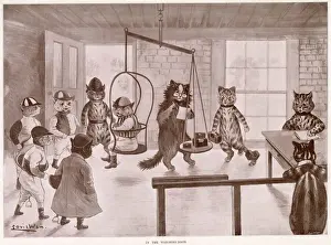 Jockeys Prints: Illustration by Louis Wain, showing cats as humans being weighed before a horse race