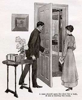 Images Dated 11th September 2018: Illustration - man opening the door for a lady