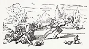 Illustration, The Newcomes, by Thackeray, showing a badly behaved boy upsetting his two little brothers from a go-cart. Date: first published 1850s