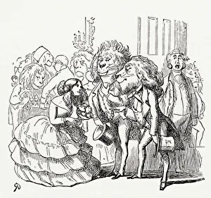 Illustration, The Newcomes, by Thackeray, showing a group of people socialising, including a few lions'. Date: first published 1850s