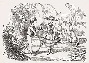Illustration, The Newcomes, by Thackeray, showing a boy giving a posy of flowers to a girl in a garden. Date: first published 1850s