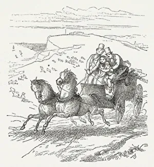 Illustration, The Newcomes, by Thackeray, showing a group of people in an open carriage with two runaway horses. Date: first published 1850s