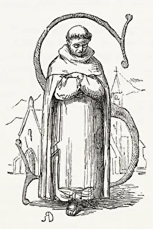 Illustration, The Newcomes, by Thackeray, showing an ornate initials depicting San Pedro de Alcantara (1499-1562), a Spanish Franciscan friar. Date: first published 1850s