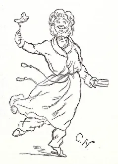 Illustration, The Newcomes, by Thackeray, showing an eccentric man (Frederick Bayham) in a dressing gown with a pork chop on a fork in one hand and a plate in the other. Date: first published 1850s