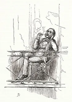 Illustration, The Newcomes, by Thackeray, showing a middle-aged man (Colonel Newcome) sitting on a balcony smoking. Date: first published 1850s