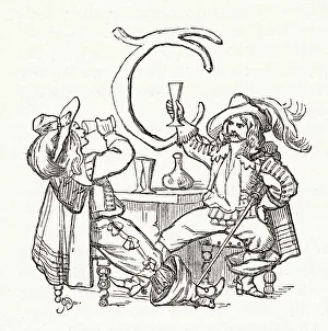 Illustration, The Newcomes, by Thackeray, showing an ornate initial T depicting two Cavalier men drinking wine. Date: first published 1850s