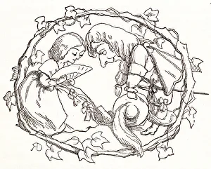 Illustration, The Newcomes, by Thackeray, showing an ornate initial O containing a Cavalier man bowing to a lady. Date: first published 1850s