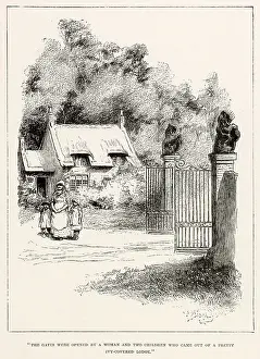 Illustration by Reginald Birch to Little Lord Fauntleroy by Frances Hodgson Burnett. The gates were opened by a woman and two children who came out of a pretty ivy-covered lodge. Date: 1886