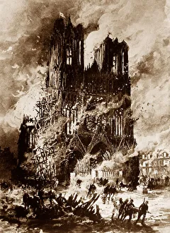 Rheims Prints: Illustration of Rheims Cathedral, France during WW1