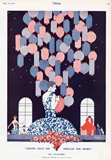 This illustration shows a fashionable woman in front of a collection of chinese lanterns. Date: 1926