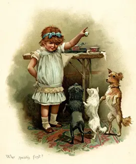 Harriett Prints: Illustration, Who Speaks First, girl making dogs beg