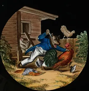 Hens Prints: Illustration of a wolf lunging at a rooster with a knife