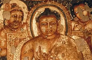 Frescoes Collection: INDIA. Ajanta. Ajanta Caves. Detail of face of Buddha