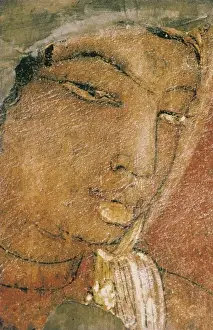 INDIA. Ajanta. Ajanta Caves. Detail with a feminine