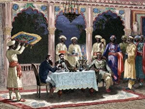 India. British colonial era. Banquet at the palace of Rais i