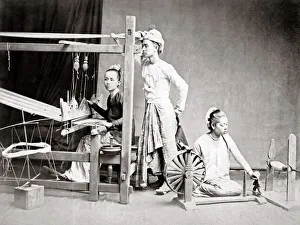 India - weaving material and spinning thread, prob. Burma