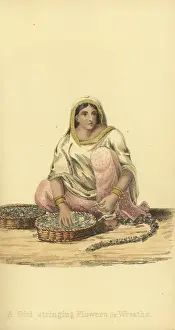 Handcoloredcopperplate Prints: Indian girl stringing flowers for wreaths