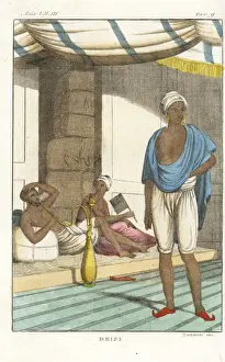 Indian men with hookah pipe and fan relaxing