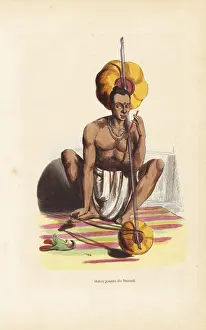 19thcentury Prints: Indian musician in dhoti and necklace playing the pennak