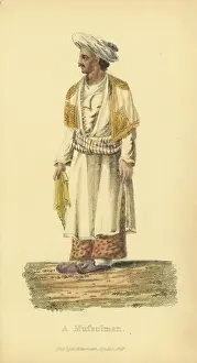 Handcoloredcopperplate Prints: Indian musician playing the cymbals