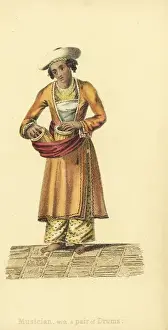 Handcoloredcopperplate Prints: Indian musician with tabla drums
