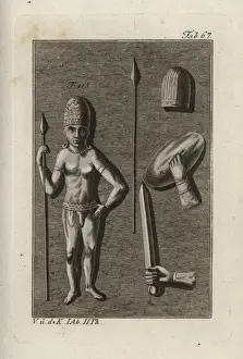 Indian warrior with spear, sword, shield