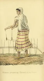 Handcoloredcopperplate Prints: Indian woman preparing thread for the loom