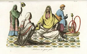 Pawn Gallery: An Indian woman seated on a rich carpet attended by servants