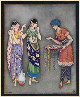 Images Dated 6th April 2021: Two Indian women are approached by a bead merchant Date: early 20th century?