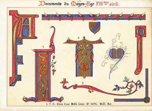 Typography Prints: Initial A, border and other elements with coat of arms from a 13