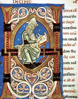 Initial Prints: Initial with image (amanuensis). Letter H. Manuscript. 15th