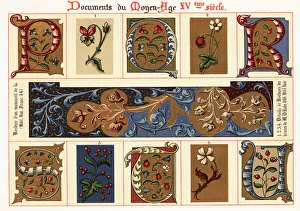 Franc Prints: Initials and border design from an illuminated manuscript, 15th