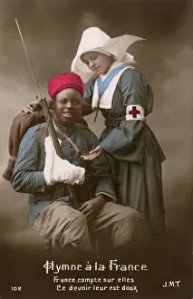 Injured colonial French Soldier (WW1) cared for by nurse