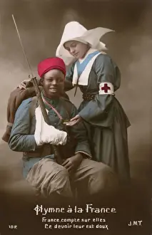 Injury Prints: Injured colonial French Soldier (WW1) cared for by nurse