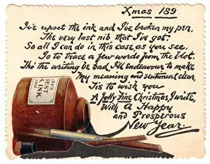 Inkpot with comic verse on a Christmas and New Year card