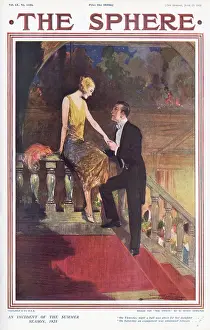 Inner front cover of The Sphere magazine showing a 1920s couple enjoying a romantic moment on a staircase away from the party downstairs. Date: 1925