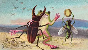 Tambourine Prints: Two insects and a frog on a Christmas card