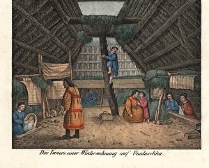 Aleut Gallery: Inside an Aleut wooden winter house on the