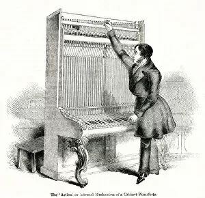 Inside a cabinet piano, Broadwood piano factory, London 1842