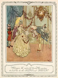 Whereupon she instantly desired her partner to lead her to the KING and QUEEN. Cinderella is introduced to the King and Queen at the ball. Scene from Cinderella by Edmund Dulac. Date: 1911
